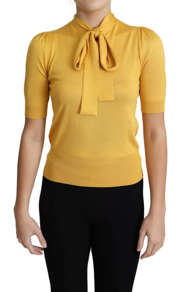 Dolce &amp; Gabbana Gul Silke Strik Pullover Ascot Collar Top