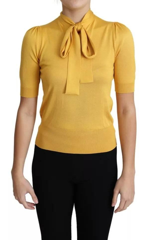 Dolce & Gabbana Yellow Silk Knit Pullover Ascot Collar Top - Hilstor