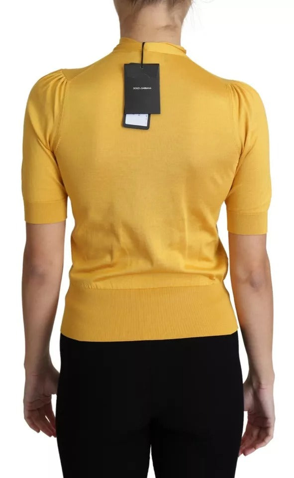 Dolce &amp; Gabbana Gul Silke Strik Pullover Ascot Collar Top