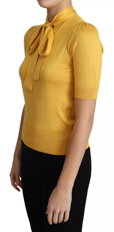Dolce &amp; Gabbana Gul Silke Strik Pullover Ascot Collar Top
