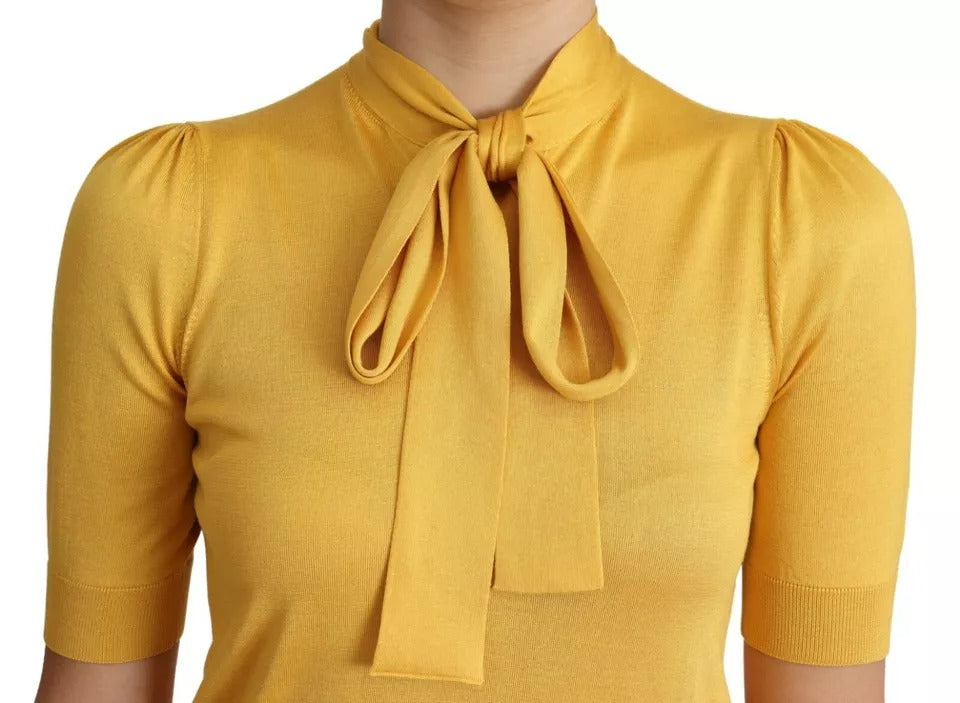 Dolce &amp; Gabbana Gul Silke Strik Pullover Ascot Collar Top