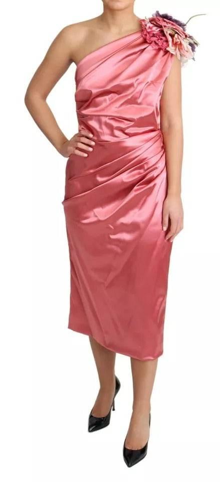 Dolce & Gabbana Pink Draped Midi Flower Applique Dress - Hilstor
