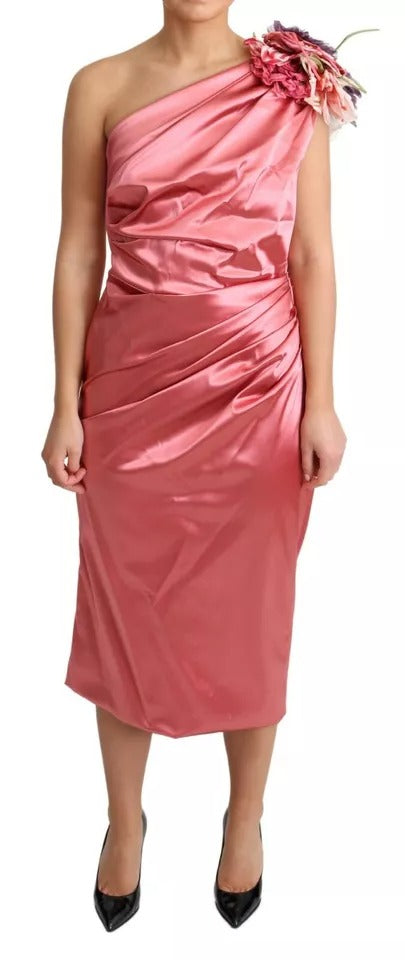 Dolce &amp; Gabbana Pink Draperet Midi Flower Applique Kjole
