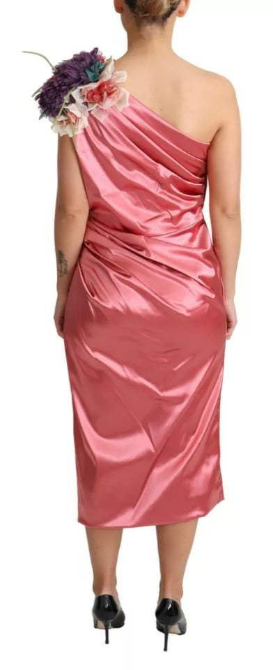 Dolce &amp; Gabbana Pink Draperet Midi Flower Applique Kjole