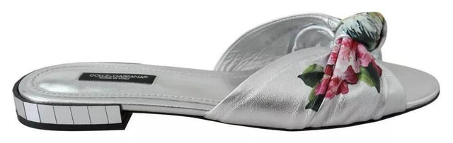 Dolce & Gabbana Silver Metallic Leather Floral Pattern Shoes - Hilstor