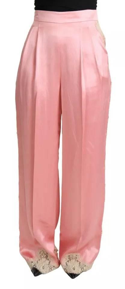 Dolce & Gabbana Pink Lace Trimmed Silk Satin Wide Legs Pants - Hilstor