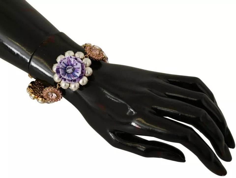 Dolce & Gabbana FIORI BLOOMING Floral Baroque Crystals Brass Bracelet - Hilstor