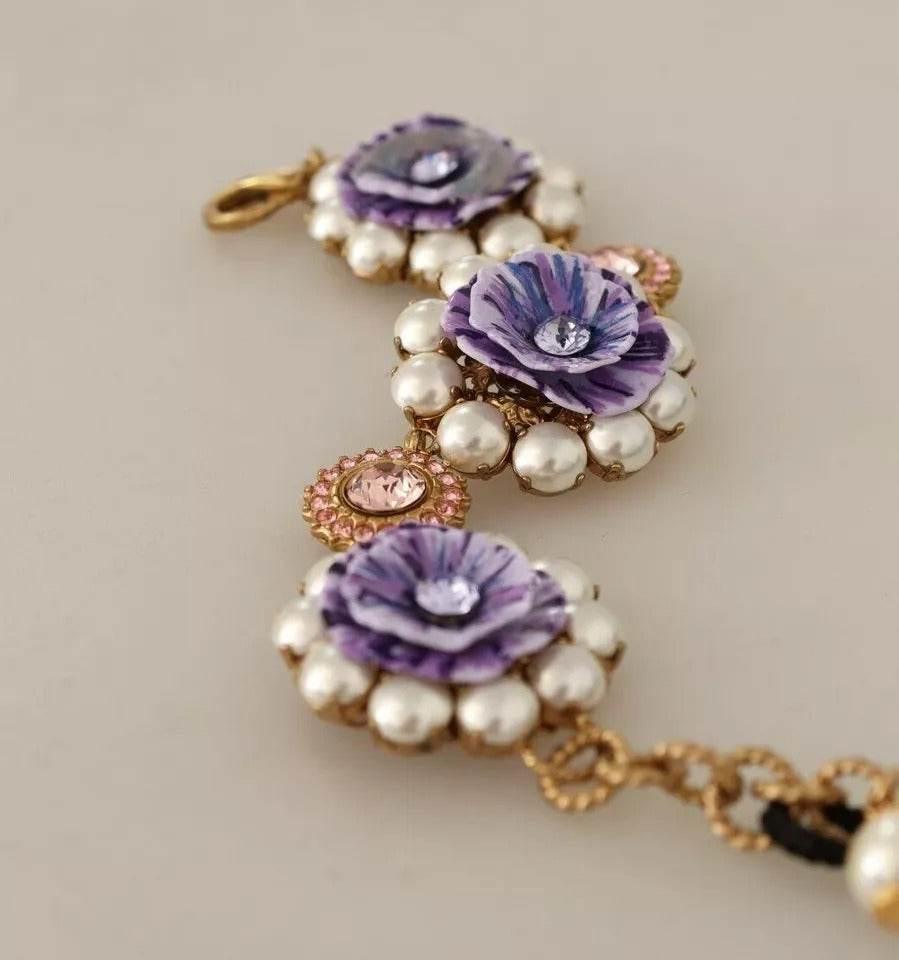 Dolce & Gabbana FIORI BLOOMING Floral Baroque Crystals Brass Bracelet - Hilstor