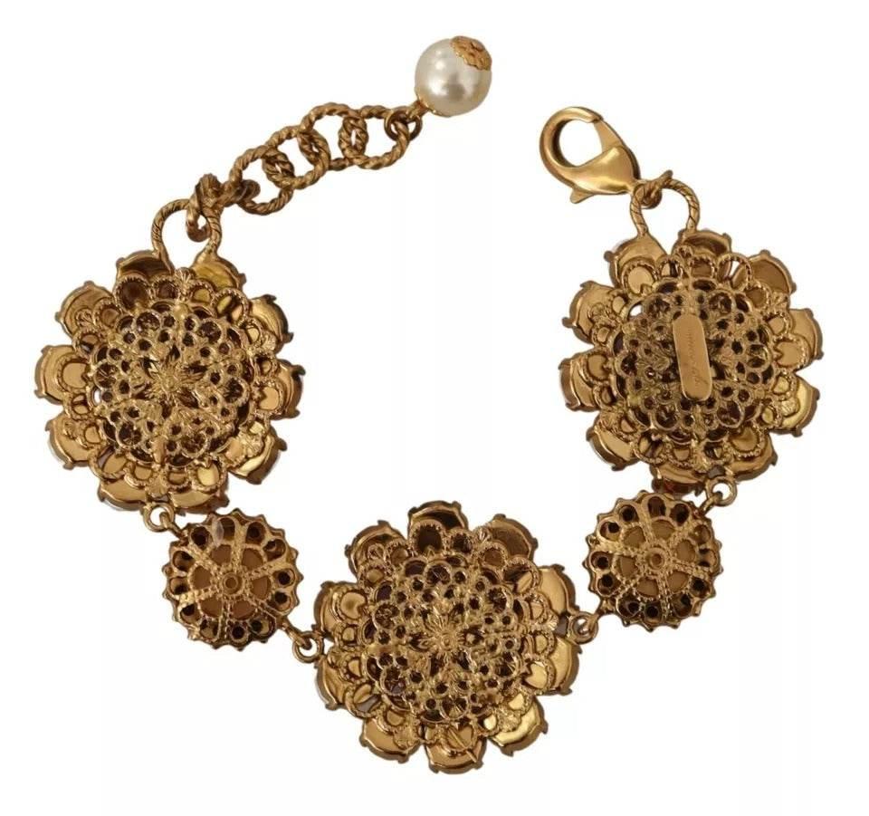 Dolce & Gabbana FIORI BLOOMING Floral Baroque Crystals Brass Bracelet - Hilstor