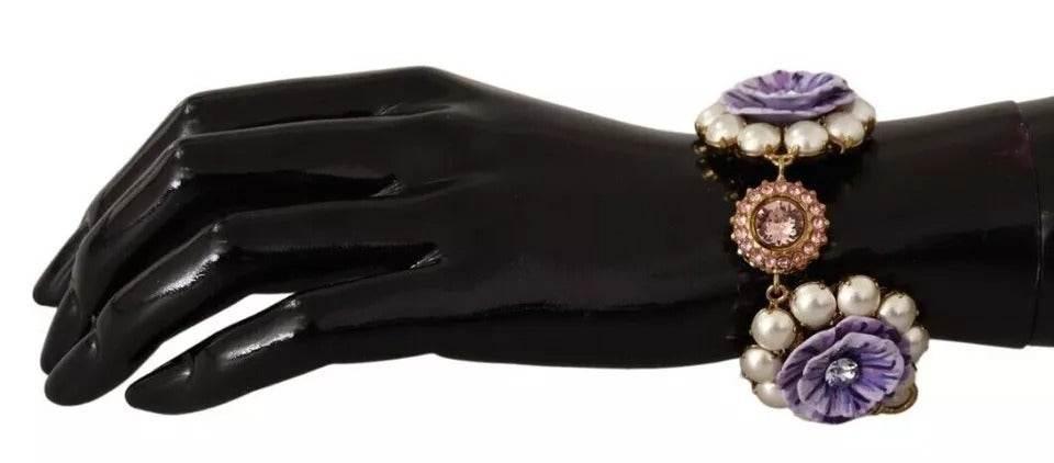Dolce & Gabbana FIORI BLOOMING Floral Baroque Crystals Brass Bracelet - Hilstor
