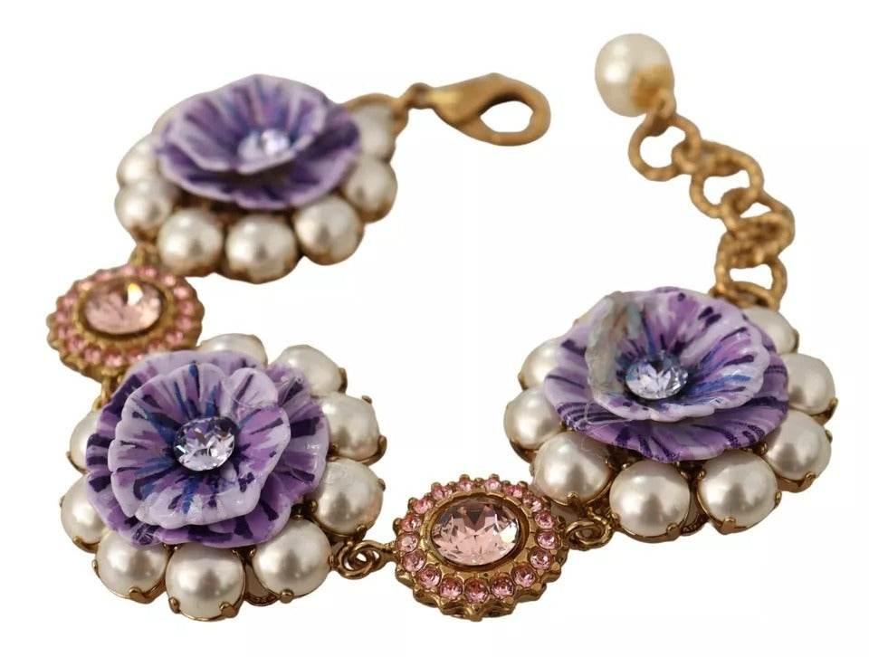 Dolce & Gabbana FIORI BLOOMING Floral Baroque Crystals Brass Bracelet - Hilstor