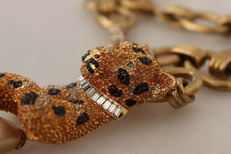 Dolce & Gabbana Gold Brass Chain Crystal Pearl Leopard Pendant Necklace - Hilstor