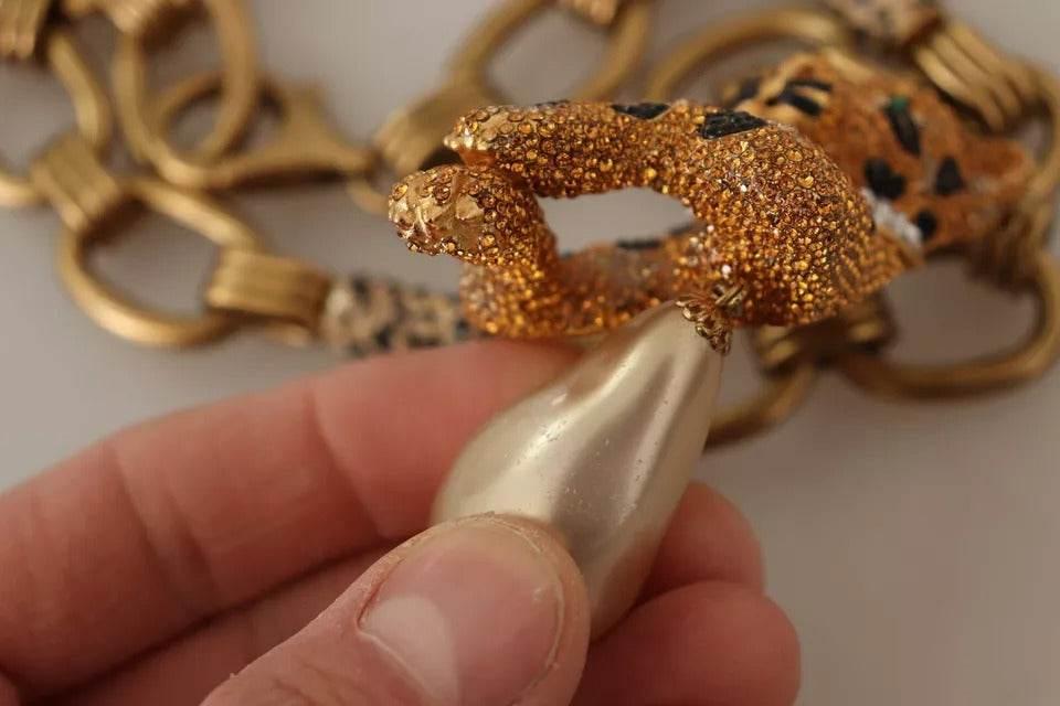 Dolce & Gabbana Gold Brass Chain Crystal Pearl Leopard Pendant Necklace - Hilstor