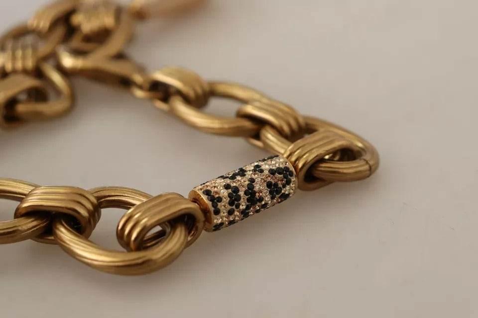 Dolce & Gabbana Gold Brass Chain Crystal Pearl Leopard Pendant Necklace - Hilstor