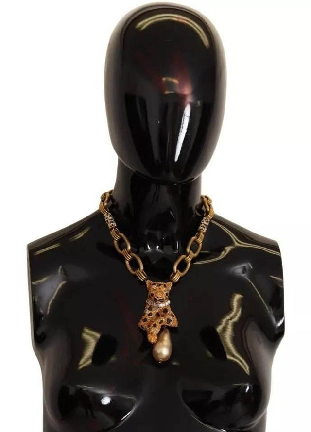 Dolce & Gabbana Gold Brass Chain Crystal Pearl Leopard Pendant Necklace - Hilstor