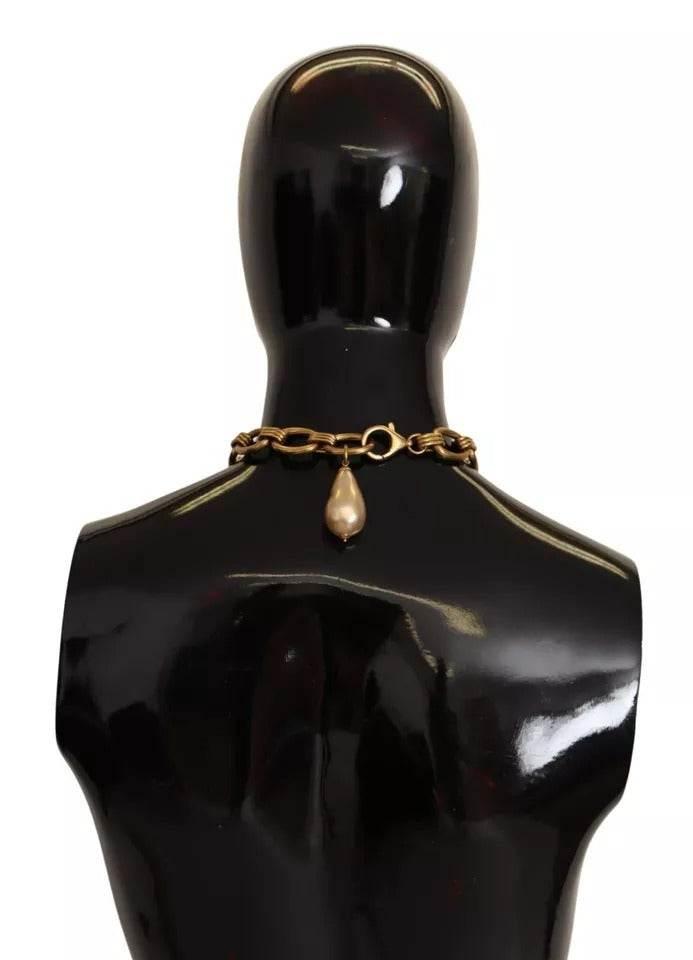 Dolce & Gabbana Gold Brass Chain Crystal Pearl Leopard Pendant Necklace - Hilstor