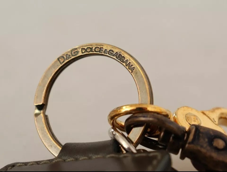 Dolce &amp; Gabbana Grønt Læder D&amp;G Logo Metal Ring Krog Nøglering Nøglering