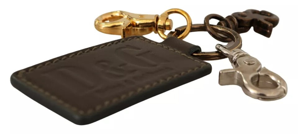 Dolce &amp; Gabbana Grønt Læder D&amp;G Logo Metal Ring Krog Nøglering Nøglering
