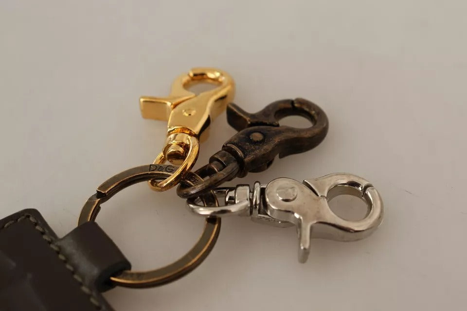 Dolce &amp; Gabbana Grønt Læder D&amp;G Logo Metal Ring Krog Nøglering Nøglering