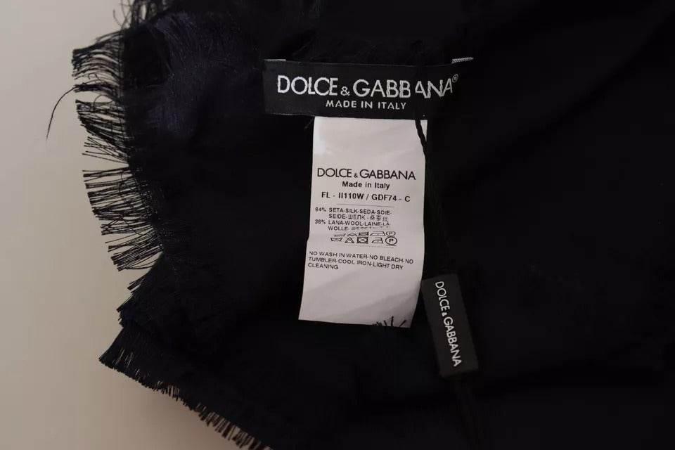 Dolce & Gabbana Black Solid Silk Wool Fringe Wrap Scarf - Hilstor