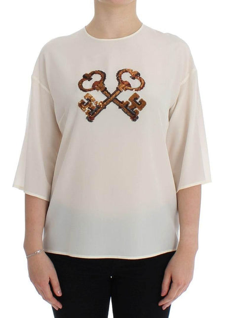 Dolce & Gabbana White Sequined Key Silk Blouse T-shirt Top - Hilstor