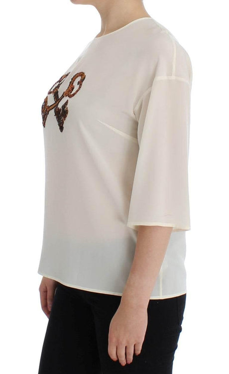 Dolce & Gabbana White Sequined Key Silk Blouse T-shirt Top - Hilstor