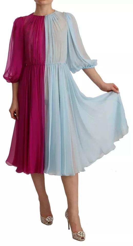Dolce & Gabbana Fuchsia Light Blue Silk Two Tone Midi Dress - Hilstor