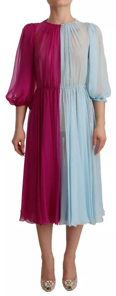 Dolce & Gabbana Fuchsia Light Blue Silk Two Tone Midi Dress - Hilstor