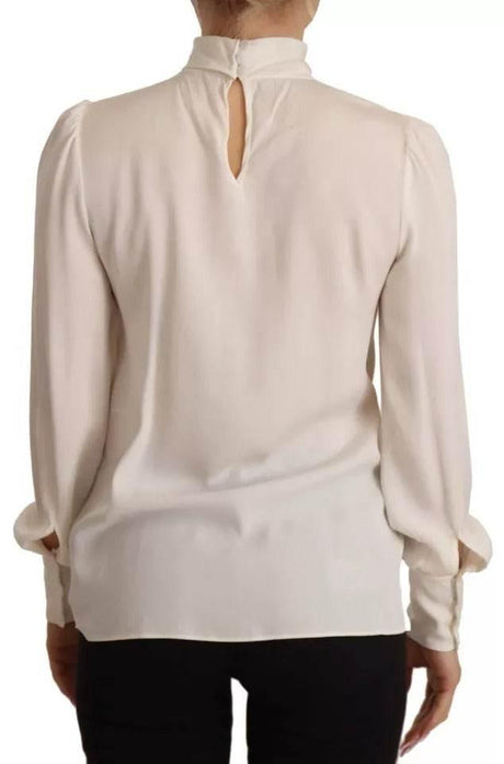 Dolce & Gabbana Off White Silk Long Sleeve Turtle Neck Top - Hilstor