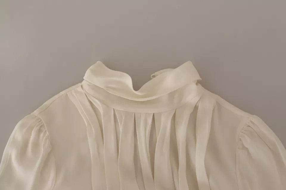 Dolce & Gabbana Off White Silk Long Sleeve Turtle Neck Top - Hilstor