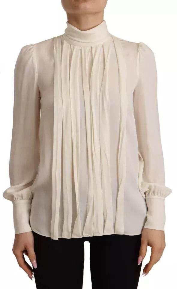 Dolce & Gabbana Off White Silk Long Sleeve Turtle Neck Top - Hilstor