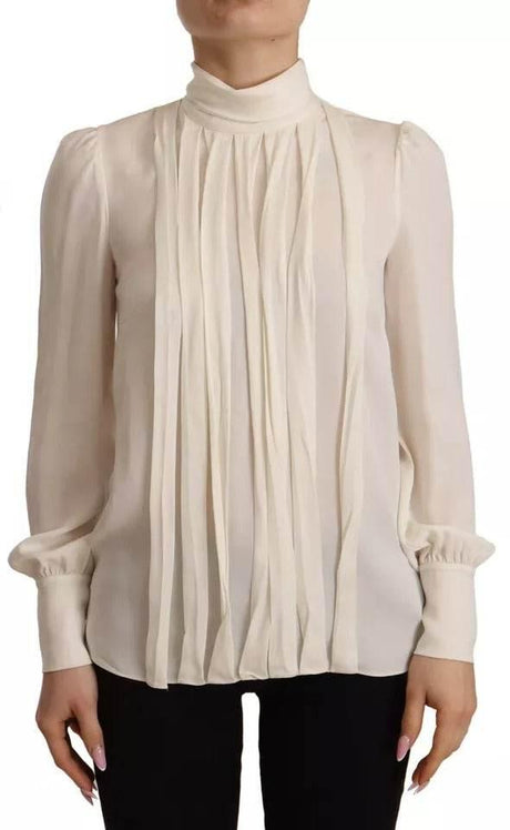 Dolce & Gabbana Off White Silk Long Sleeve Turtle Neck Top - Hilstor
