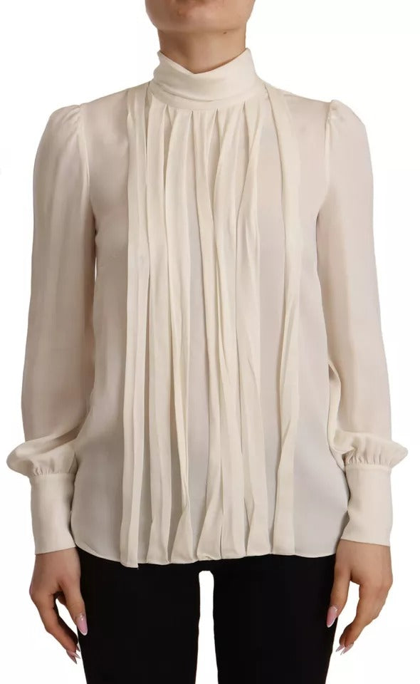 Dolce &amp; Gabbana Off White Silke Langærmet Turtle Neck Top