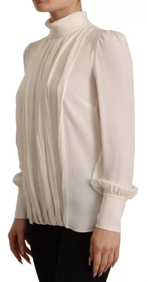 Dolce & Gabbana Off White Silk Long Sleeve Turtle Neck Top - Hilstor