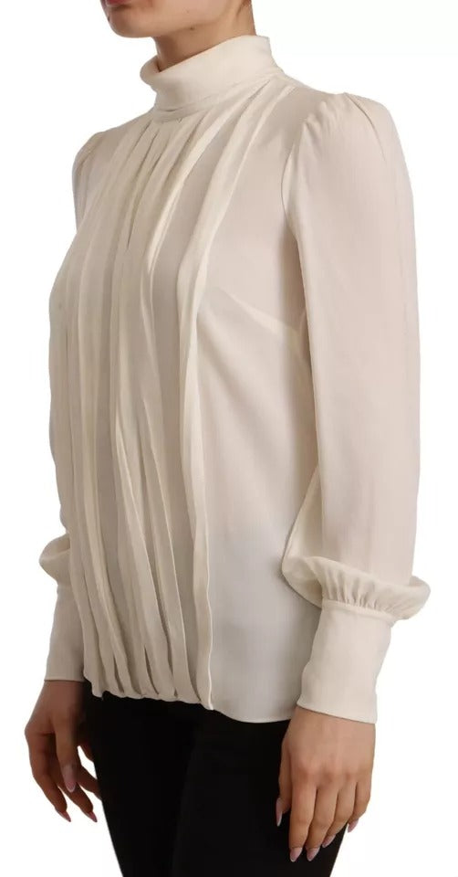 Dolce &amp; Gabbana Off White Silke Langærmet Turtle Neck Top