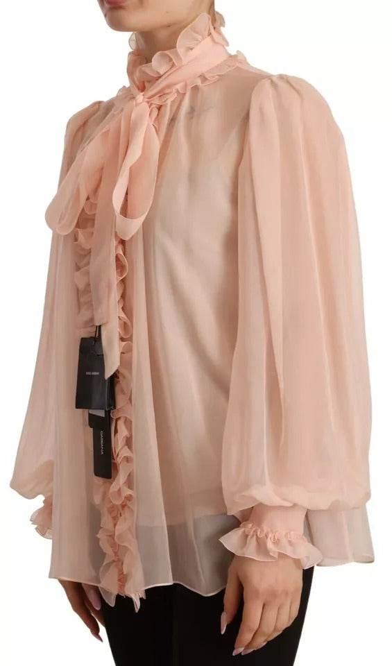 Dolce & Gabbana Light Pink Silk Long Sleeve Ascot Collar Top - Hilstor