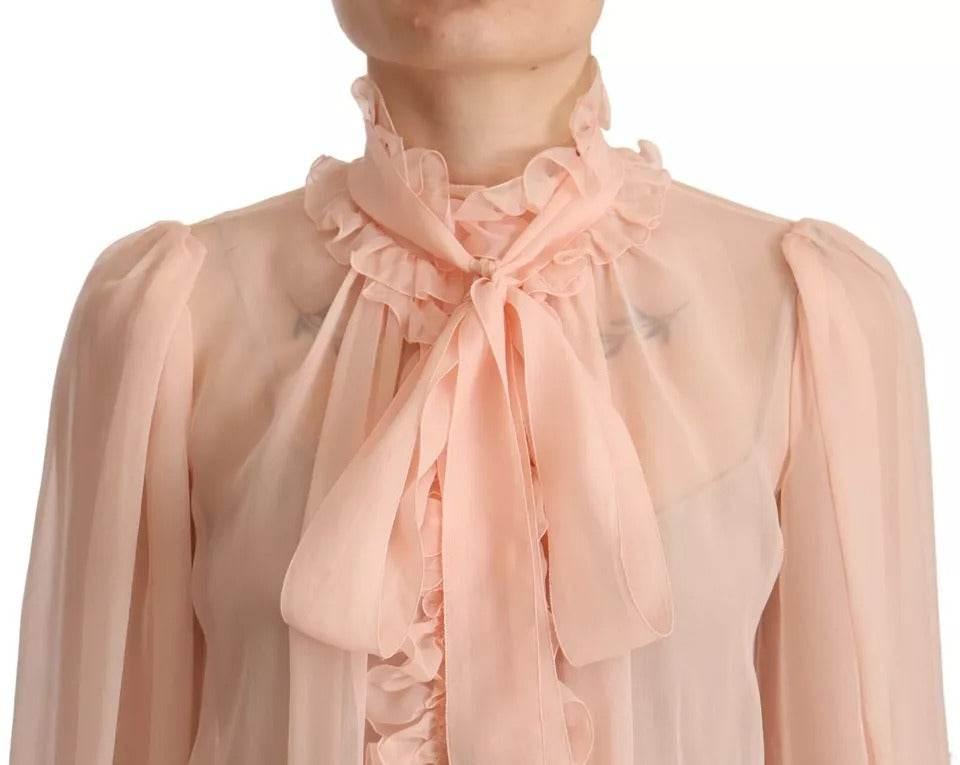 Dolce & Gabbana Light Pink Silk Long Sleeve Ascot Collar Top - Hilstor
