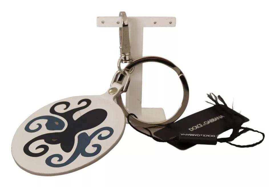 Dolce & Gabbana White Leather Printed Metal Silver Tone Keyring Keychain - Hilstor