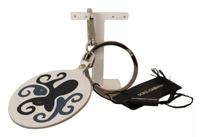 Dolce & Gabbana White Leather Printed Metal Silver Tone Keyring Keychain - Hilstor