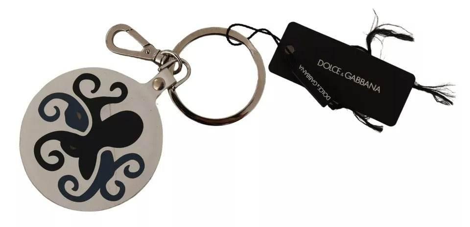 Dolce & Gabbana White Leather Printed Metal Silver Tone Keyring Keychain - Hilstor