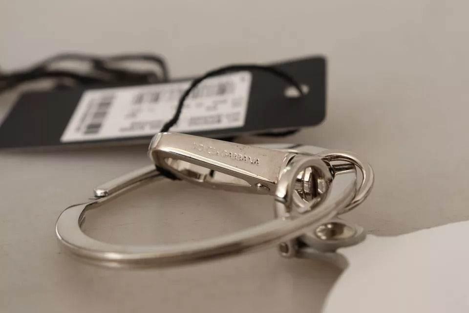 Dolce & Gabbana White Leather Printed Metal Silver Tone Keyring Keychain - Hilstor
