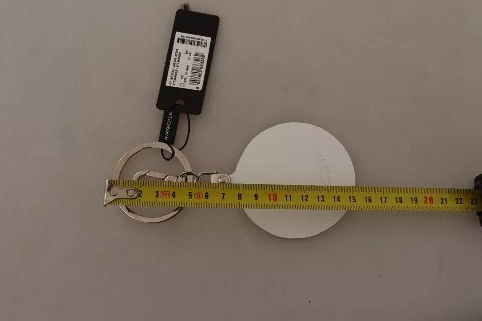 Dolce & Gabbana White Leather Printed Metal Silver Tone Keyring Keychain - Hilstor