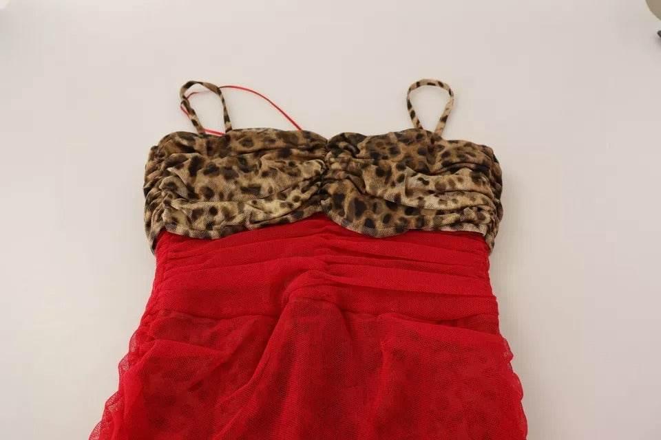 Dolce & Gabbana Brown Leopard Red Tulle Sheath Midi Dress - Hilstor