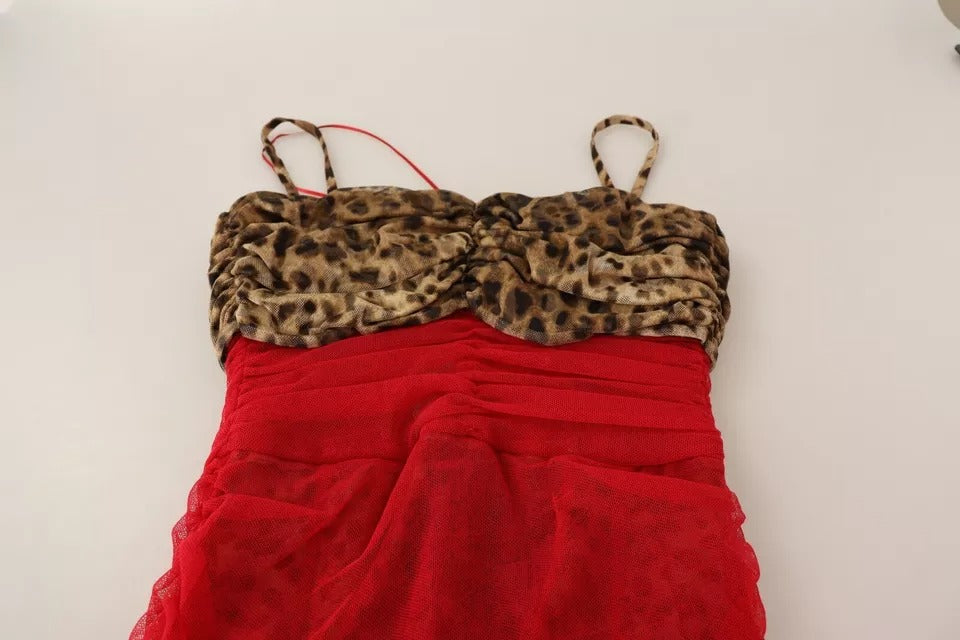 Dolce &amp; Gabbana Brun Leopard Rød Midi-kjole i tylskede