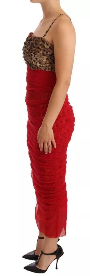 Dolce & Gabbana Brown Leopard Red Tulle Sheath Midi Dress - Hilstor