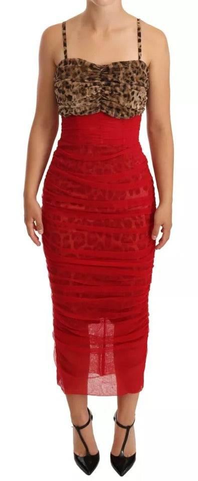 Dolce & Gabbana Brown Leopard Red Tulle Sheath Midi Dress - Hilstor