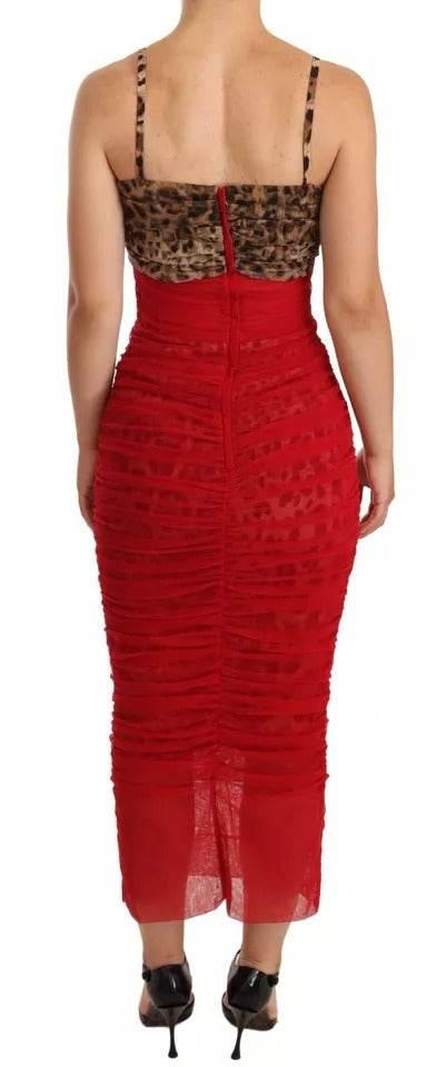Dolce & Gabbana Brown Leopard Red Tulle Sheath Midi Dress - Hilstor