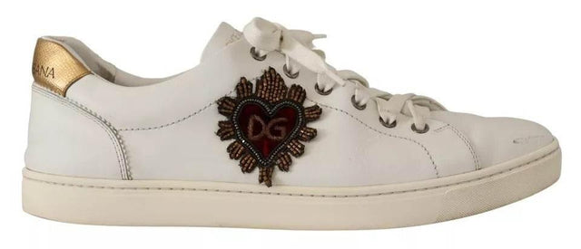 Dolce & Gabbana White Leather Heart Low Top Casual Sneakers Shoes - Hilstor
