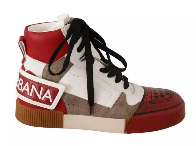 Dolce & Gabbana Red White Beige Leather High Tops Sneakers Shoes - Hilstor