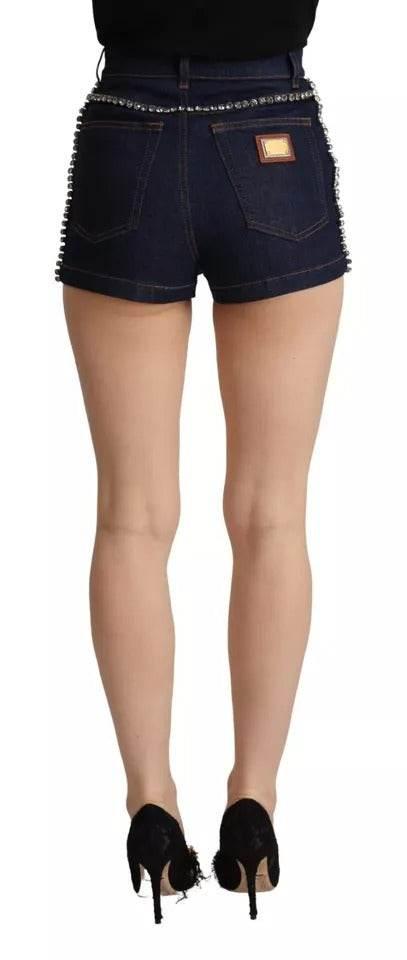 Dolce & Gabbana Dark Blue Embellished Denim Hot Pants Shorts - Hilstor